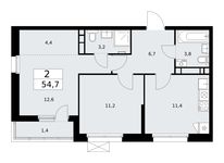 Планировка  2-комнатной квартиры, 54,7 м2