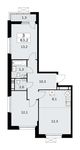 Планировка  3-комнатной квартиры, 63,2 м2
