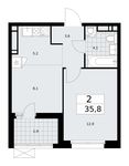 Планировка  2-комнатной квартиры, 35,8 м2