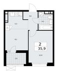 Планировка  2-комнатной квартиры, 35,9 м2