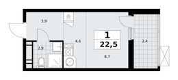 Планировка  1-комнатной квартиры, 22,5 м2