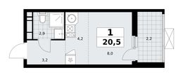 Планировка  1-комнатной квартиры, 20,5 м2