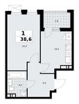 Планировка  1-комнатной квартиры, 38,6 м2