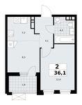 Планировка  2-комнатной квартиры, 36,1 м2