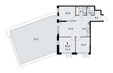 Планировка 4-комнатной квартиры, 91,6 м2