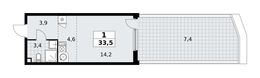 Планировка  1-комнатной квартиры, 33,5 м2