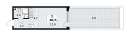 Планировка  1-комнатной квартиры, 30,5 м2