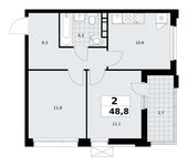 Планировка  2-комнатной квартиры, 48,8 м2