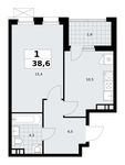Планировка  1-комнатной квартиры, 38,6 м2