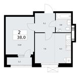 Планировка  2-комнатной квартиры, 38 м2