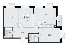 Планировка  4-комнатной квартиры, 83,6 м2