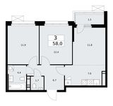 Планировка  3-комнатной квартиры, 58 м2