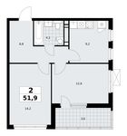 Планировка  2-комнатной квартиры, 51,9 м2
