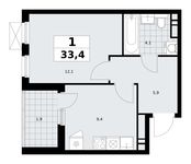 Планировка  1-комнатной квартиры, 33,4 м2