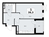 Планировка  1-комнатной квартиры, 38,3 м2