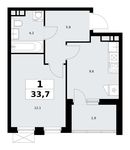 Планировка  1-комнатной квартиры, 33,7 м2