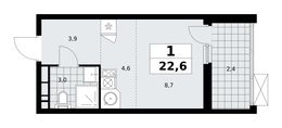 Планировка  1-комнатной квартиры, 22,6 м2
