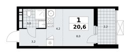 Планировка  1-комнатной квартиры, 20,6 м2