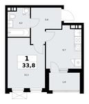 Планировка  1-комнатной квартиры, 33,8 м2