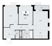 Планировка  3-комнатной квартиры, 64,1 м2