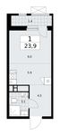 Планировка  1-комнатной квартиры, 23,9 м2