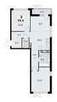 Планировка  3-комнатной квартиры, 59 м2