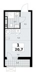 Планировка  1-комнатной квартиры, 20,7 м2