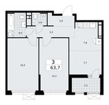 Планировка  3-комнатной квартиры, 63,7 м2