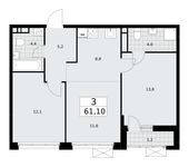 Планировка  3-комнатной квартиры, 61,1 м2