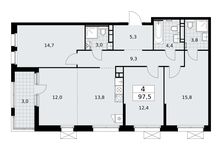 Планировка 4-комнатной квартиры, 97,5 м2
