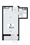 Планировка  1-комнатной квартиры, 25,3 м2