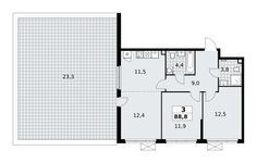 Планировка 3-комнатной квартиры, 88,8 м2