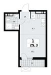 Планировка  1-комнатной квартиры, 25,3 м2