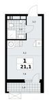 Планировка  1-комнатной квартиры, 21,1 м2
