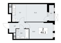 Планировка  2-комнатной квартиры, 40,1 м2