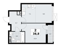 Планировка  2-комнатной квартиры, 38,8 м2