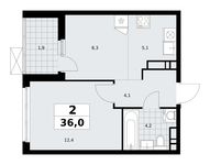 Планировка  2-комнатной квартиры, 36 м2