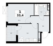 Планировка  1-комнатной квартиры, 33,4 м2