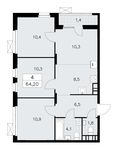 Планировка 4-комнатной квартиры, 64,2 м2