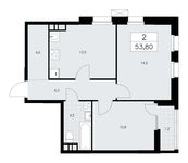 Планировка 2-комнатной квартиры, 53,8 м2