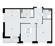 Планировка 3-комнатной квартиры, 62,2 м2