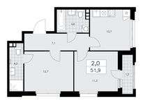 Планировка 2-комнатной квартиры, 51,9 м2
