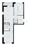 Планировка 3-комнатной квартиры, 56,3 м2