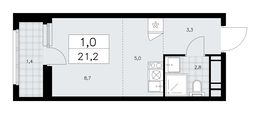 Планировка 1-комнатной квартиры, 21,2 м2