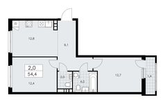 Планировка 2-комнатной квартиры, 54,4 м2
