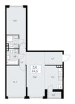 Планировка 3-комнатной квартиры, 64,5 м2