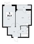 Планировка 1-комнатной квартиры, 36,4 м2
