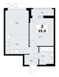 Планировка 2-комнатной квартиры, 39 м2