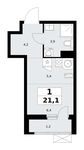 Планировка 1-комнатной квартиры, 21,1 м2