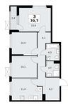 Планировка 3-комнатной квартиры, 70,7 м2